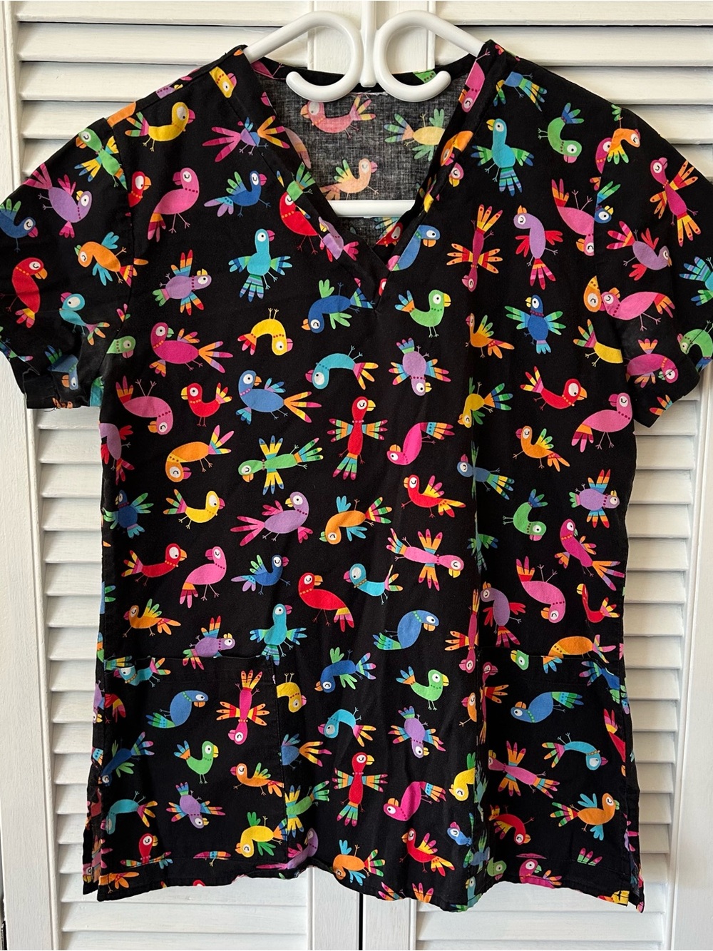 Bundle of 3 Scrub Tops - Black Parrot Print, Purple/White Snowflake & Valentine